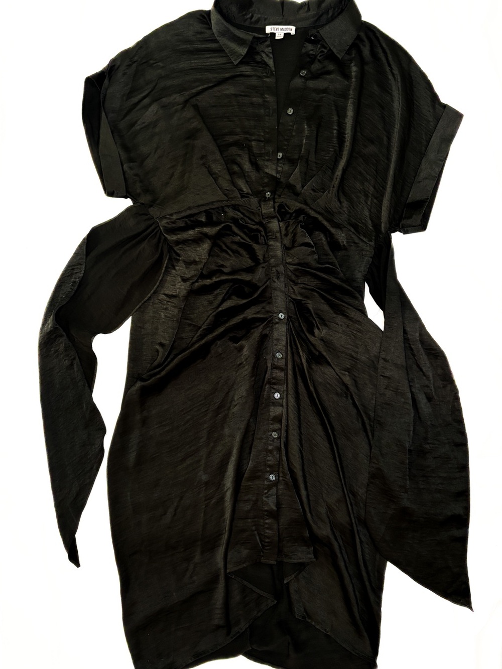 Steve Madden Black Satin Button-Down Tie-Waist Midi Dress - Picture 2 of 4